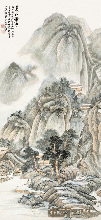 张大千 夏山萧寺 镜片 145×68cm