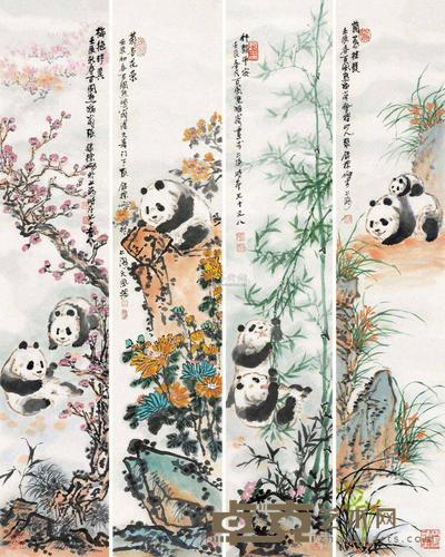 张锦标 壬辰（2012）年作 四时熊猫 （四幅） 镜片 78×15.5cm×4