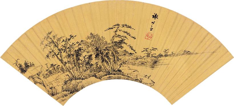谢时臣 湖汀幽居 扇片