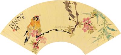 任伯年 丁丑（1877）年作 绯桃黄鹂 扇片
