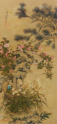 范箴 乙卯（1735）年作 松石蔷薇 立轴