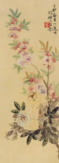 张槃 丁卯（1867）年作 月季绯桃 立轴