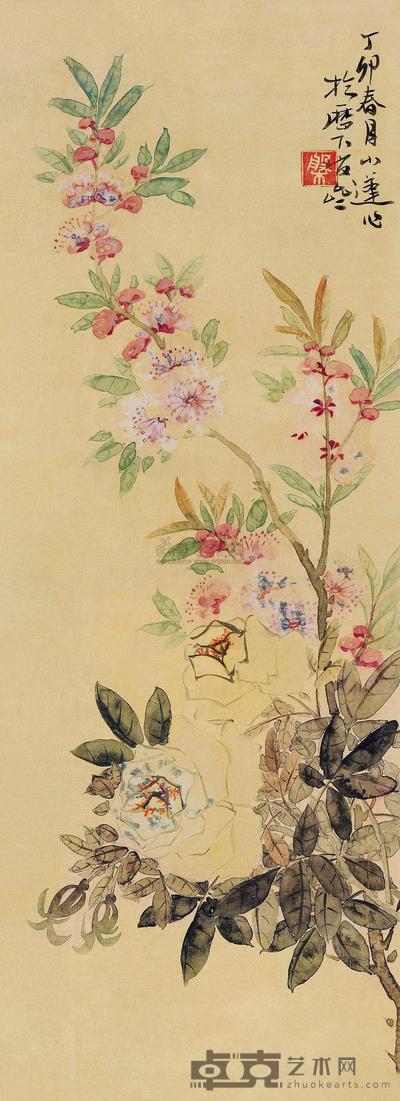 张槃 丁卯（1867）年作 月季绯桃 立轴 54.5×20cm
