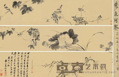 李因 甲戌（1634）年作 四季花禽卷 手卷 27×359cm