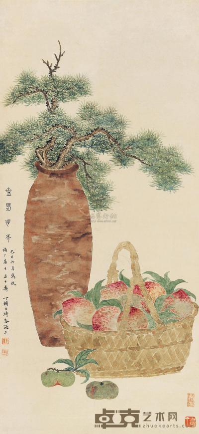丁辅之 己巳（1929）年作 益寿延年 立轴 83.5×38.5cm