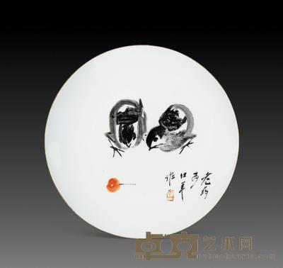 近代 唐云绘雏鸡图盘 直径24cm