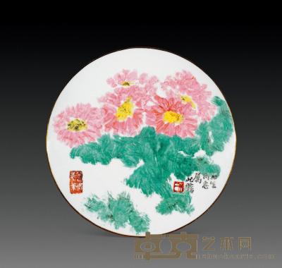 近代 朱屺瞻绘花卉图盘 直径24cm