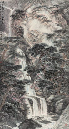 萧海春 1999年作 松月飞泉图 镜框