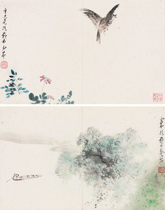 赵少昴 1941年作 花鸟山水小品 （两帧） 镜框