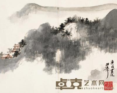 谢稚柳 庚戌（1970）年作 雨中山色 镜片 26×32cm