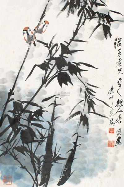 唐云 庚申（1980）年作 竹雀图 镜片