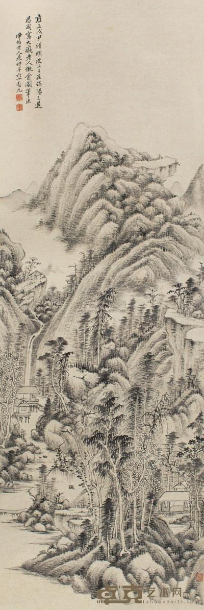 黄鼎 戊申（1728）年作 仿黄公望山水 立轴 123×40cm