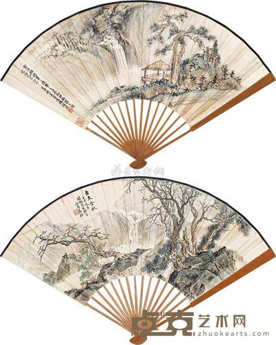 冯超然 马骀 壬申（1932）年作 溪山茅亭 古木含秋 成扇 18×49.5cm