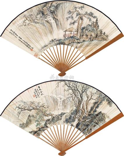 冯超然 马骀 壬申（1932）年作 溪山茅亭 古木含秋 成扇