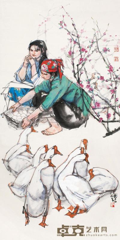 史国良 少女饲鹅 镜片 139.5×69cm