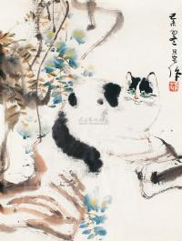 刘旦宅 己未（1979）年作 紫藤猫石图 镜框