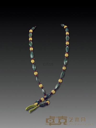 辽金 绿玛瑙配金珠项链 总长80cm