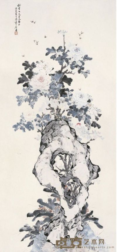 居 廉 牡丹灵石图 151×72cm