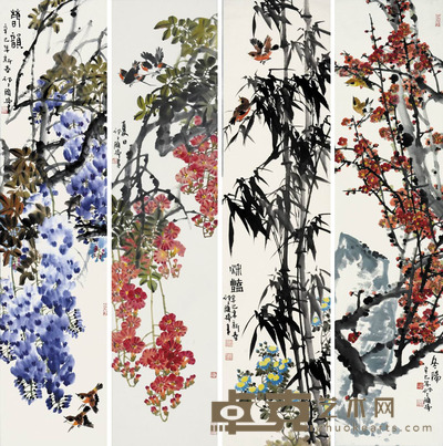 顾扬 花鸟四屏 136*33*4cm约4平尺每幅