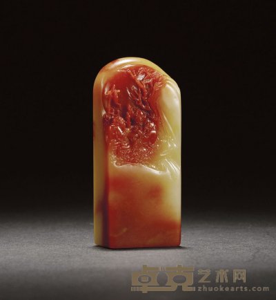 老性寿山红芙蓉石蓬莱三老薄意章 3×2×7.4cm