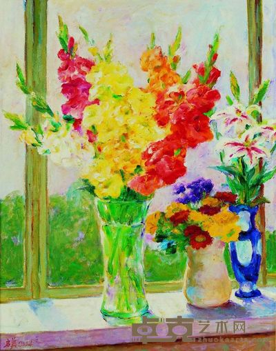 韦启美 窗台上的瓶花 91×72.7cm