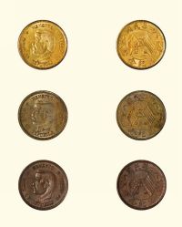 1912年中华民国开国纪念币孙中山像贰角银模金质样币、合金样币、铜质样币，共三枚