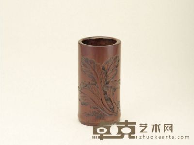 清·芝山制竹雕白菜笔筒 高：11.4cm 口径：5.8cm