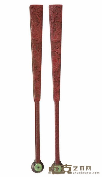 清·剔红山水人物扇骨 长：34.6cm