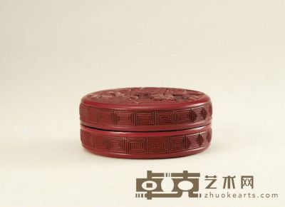 明·剔红山水人物香盒 高：3.2cm 直径：7.5cm