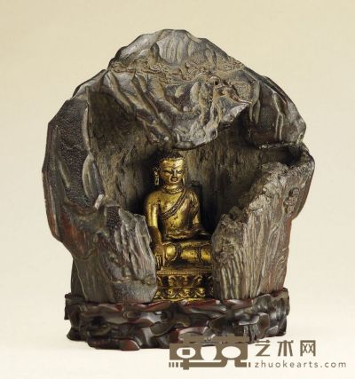 明·沉香佛龛铜鎏金释迦牟尼 带座高：20.4cm 龛高：17.6cm 佛高：10.5cm 龛重：384