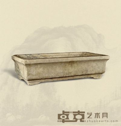 清·青白石敞口长方形石盆 98×47×26cm