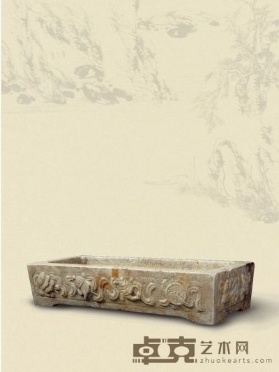 清·汉白玉三面工八宝纹长方形石盆 96×40×20cm