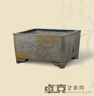 清·青石双面兰花纹石盆 38×32×20.5cm