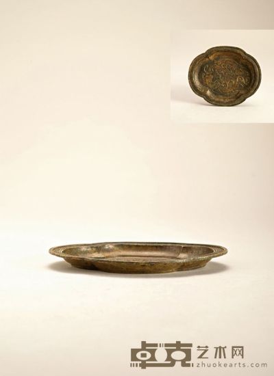 清 螭龙纹铜香盘 高：1.1cm 长：14.8cm 宽：12.1cm 重：105g