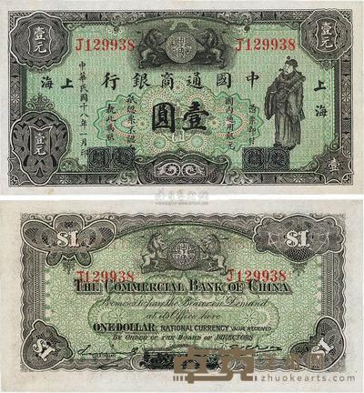 民国十八年（1929年）中国通商银行绿色财神图壹圆 