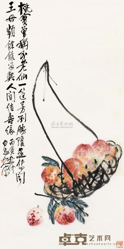 王震 1926年作 桃实寿缘 立轴 139×69cm