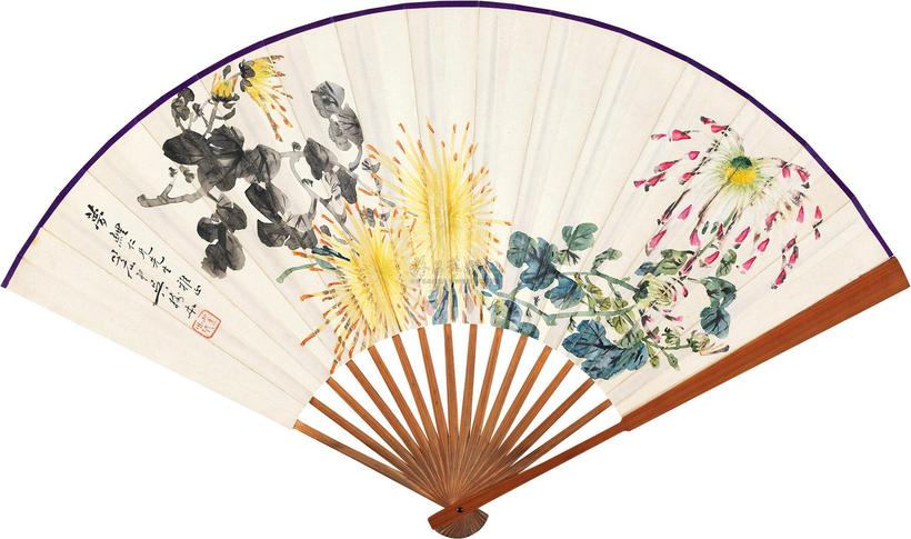 吴树本 子真 菊花 行书 成扇