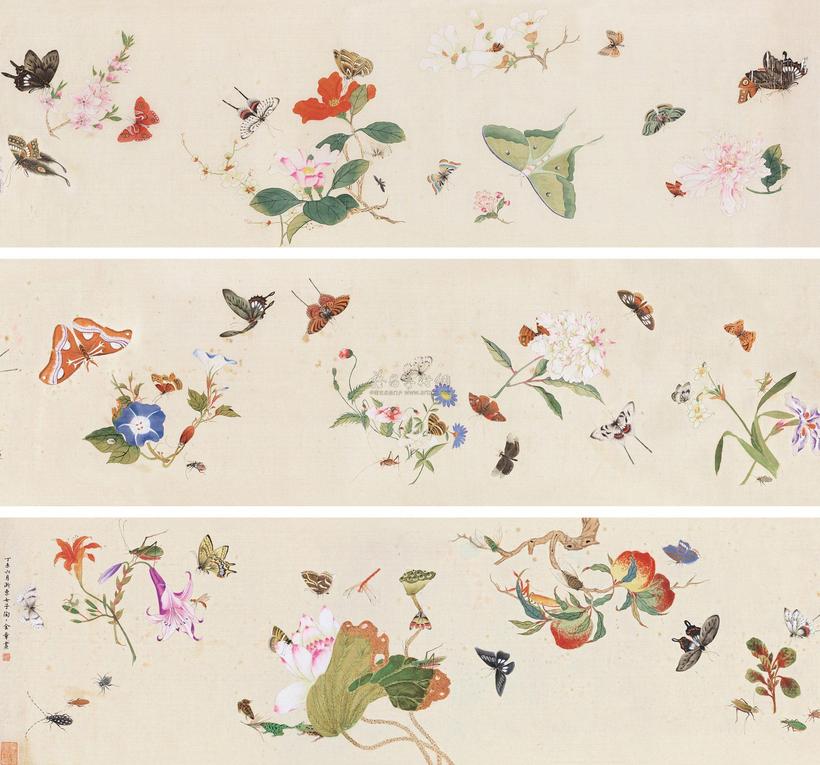 金章 1907年作 百花草虫图 手卷