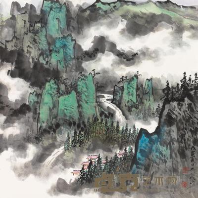 吴明耀 1998年作 云山飞瀑图 镜片 68×68cm