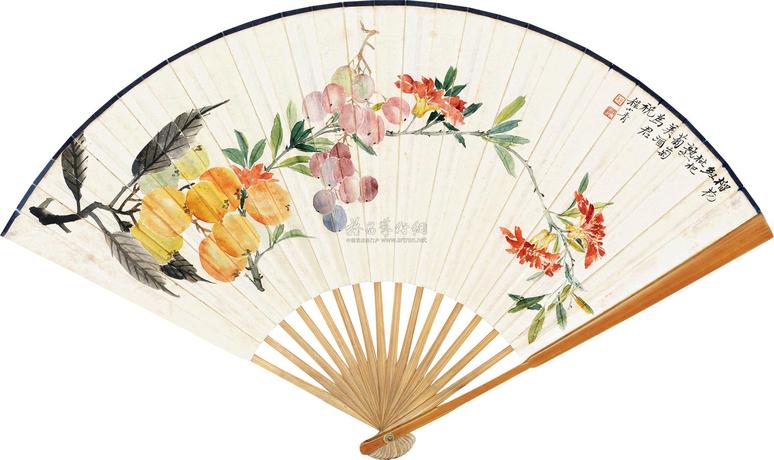 程小青 蒋吟秋 花卉图 隶书唐人诗 成扇
