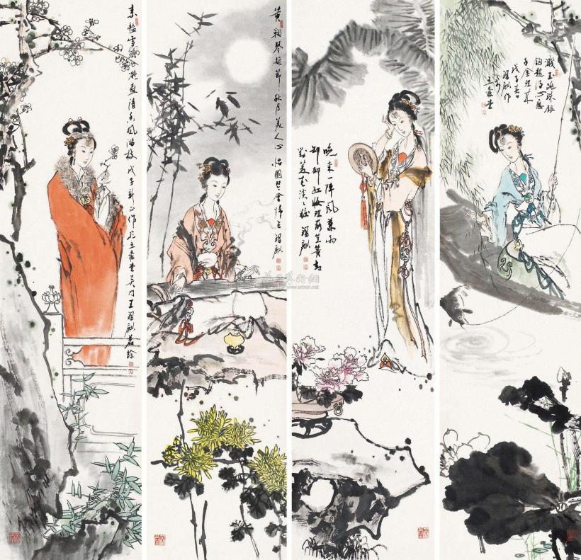 王锡麒 2008年作 四季仕女图 镜片（四屏）