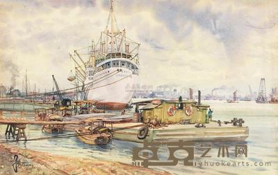 张眉孙 1958年作 浦江码头 34.5×54cm
