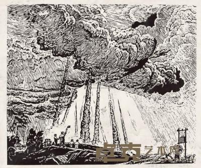 张在元 1977年作 木刻黑白版画《催云播雨》 （一件） 56.6×46.6cm