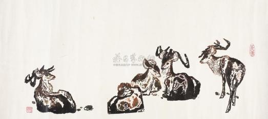 桂遂平 1983年作 套色木刻版画《五鹿图》卷轴 （一件）