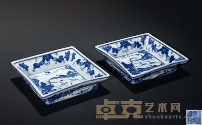 清嘉庆 青花山水人物纹方盘(一对) 13×13.5 cm.×2