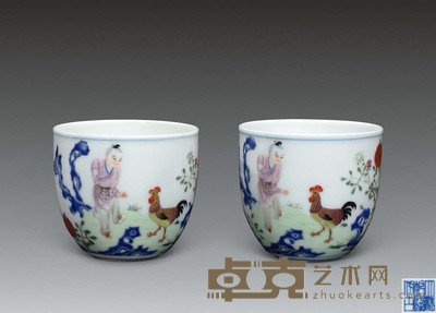 清乾隆 粉彩婴戏御製诗鸡缸杯(一对) H 7.5 cm.×2