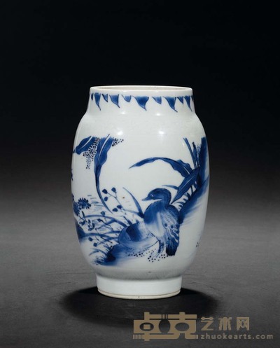 明崇祯 青花荷塘风景纹莲子罐 H 15.5 cm.