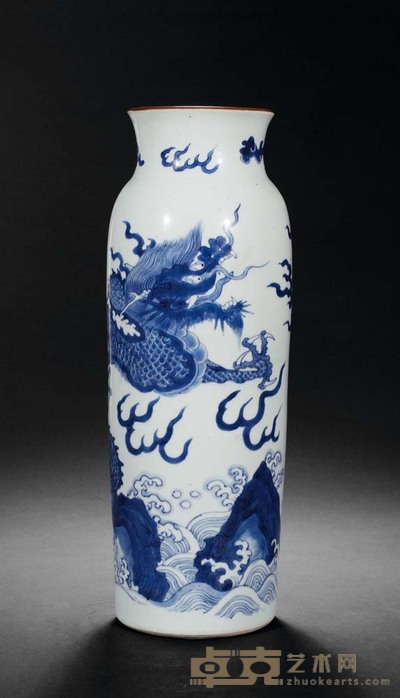 清顺治 青花海水龙纹筒瓶 H 42.5 cm.