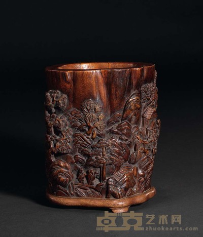 清 沉香雕山水纹笔筒 H 15 cm.
