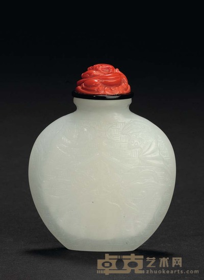 清 白料“吉庆有餘”纹鼻烟壶 H 6.5 cm